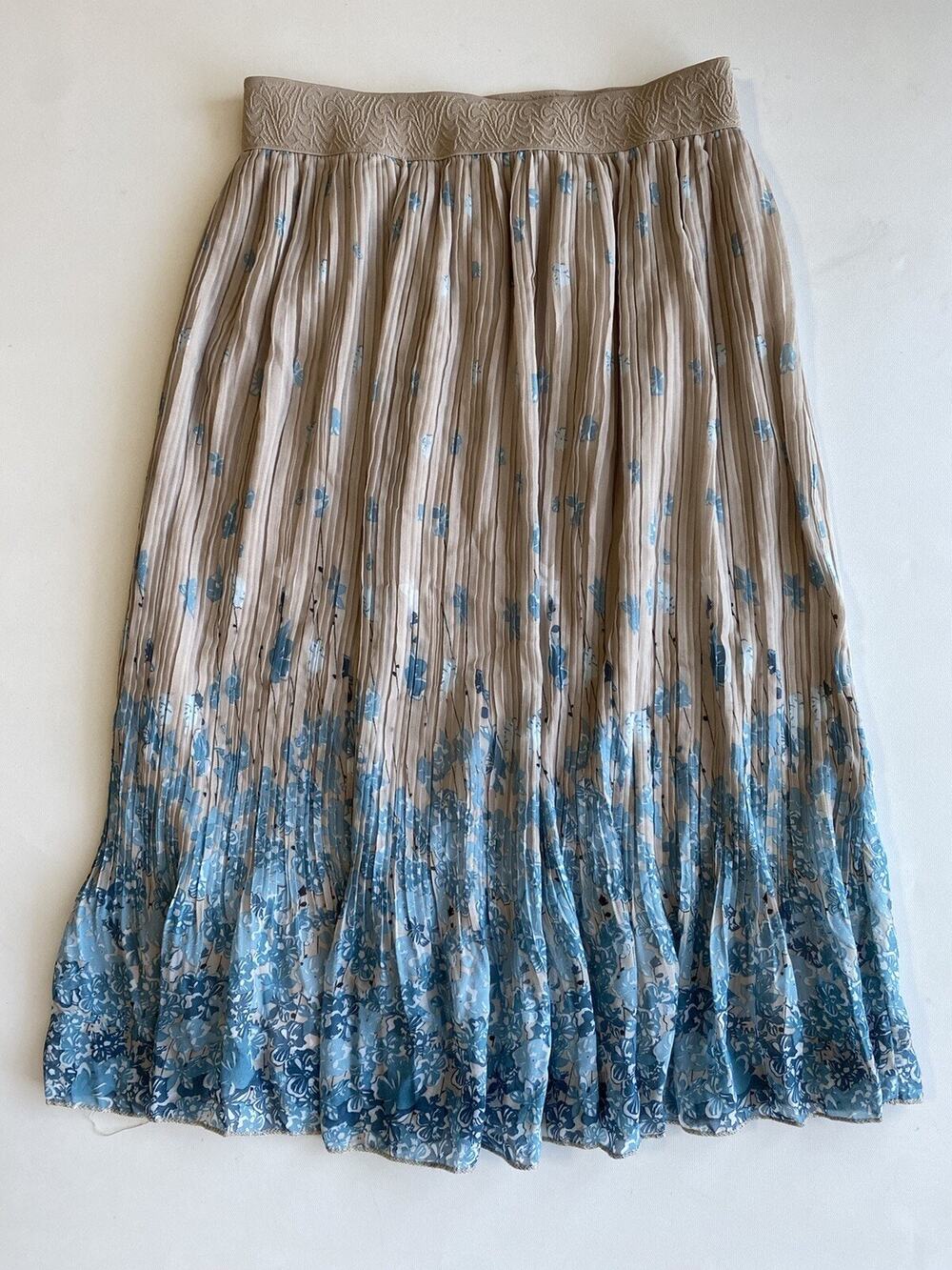 ANDI + JAMES Women’s A-Line Skirt Pleated Beige Sky Blue FlowersHem Sz M
